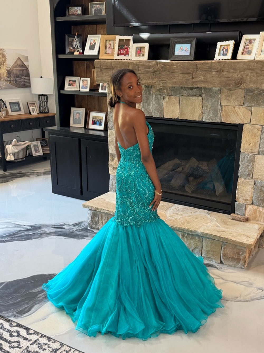 Sherri Hill Teal Beaded Halter Mermaid Beaded Sz 0 Prom Dress/Pagaent